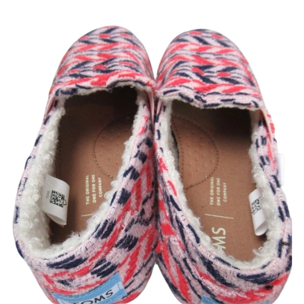 TOMS Alpargata Pink Red Navy Herringbone Woven‎ Faux Shearling Lined Flats Shoes - Picture 5 of 6